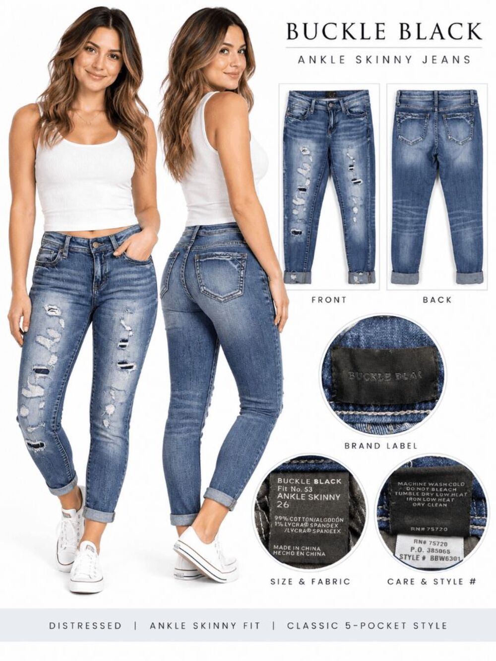 Buckle Black Ankle Skinny Jeans Distressed Womens 26
